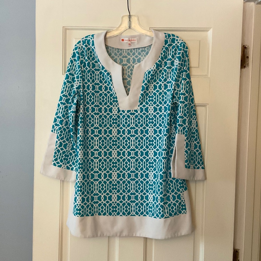 Jude Connally Turquoise Geometric Lattice Tunic Top 3/4 Sleeve Jude Cloth XL